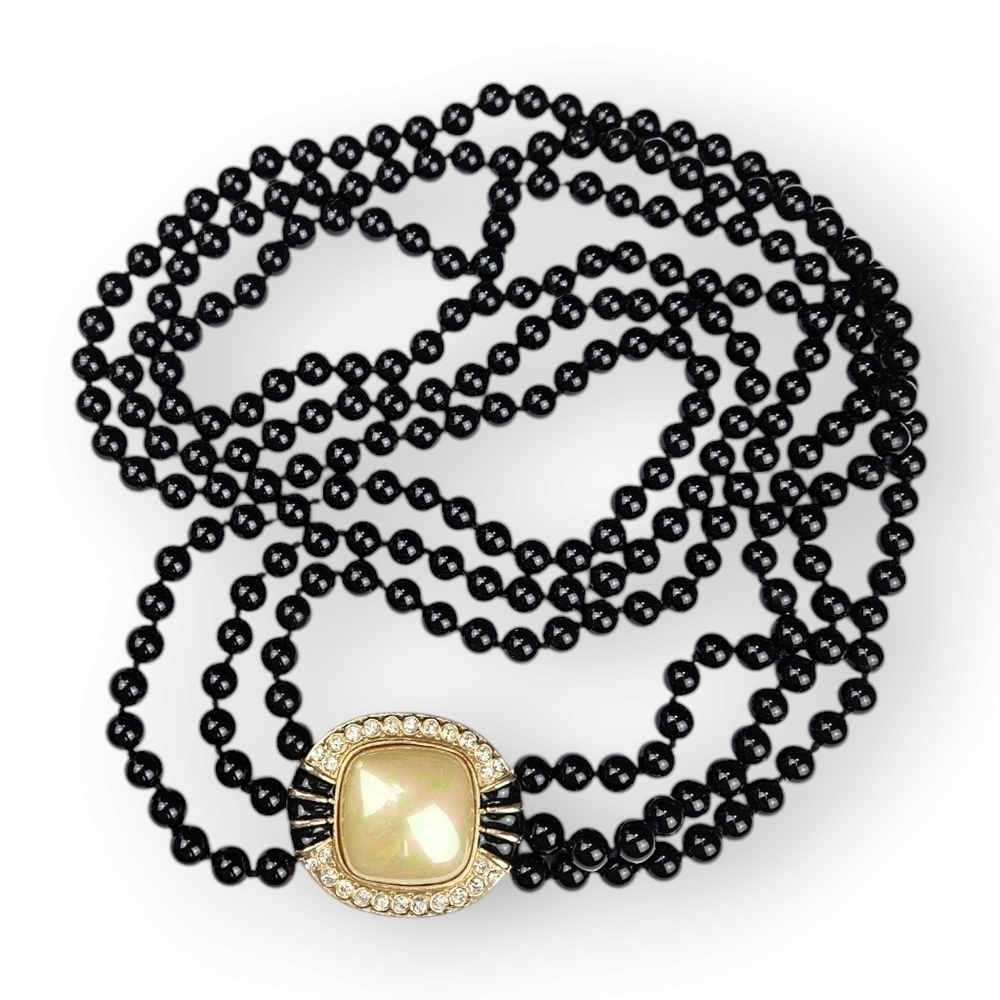 Vintage Station Pendant Necklace Faux Pearl Triple Strand Black Glass Bead 29"